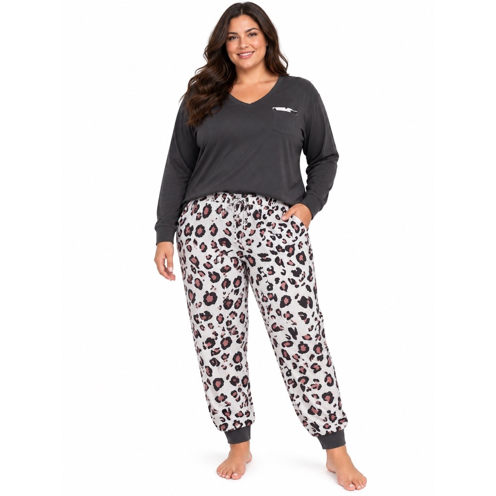 Ekouaer Womens Plus XXL Pajama Set Leopard Print Joggers Long Sleeve Top NWT